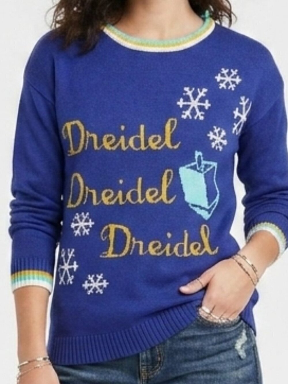 Hanukkah Holiday Dreidel Snowflake Sweater Blue Medium XHILARATION